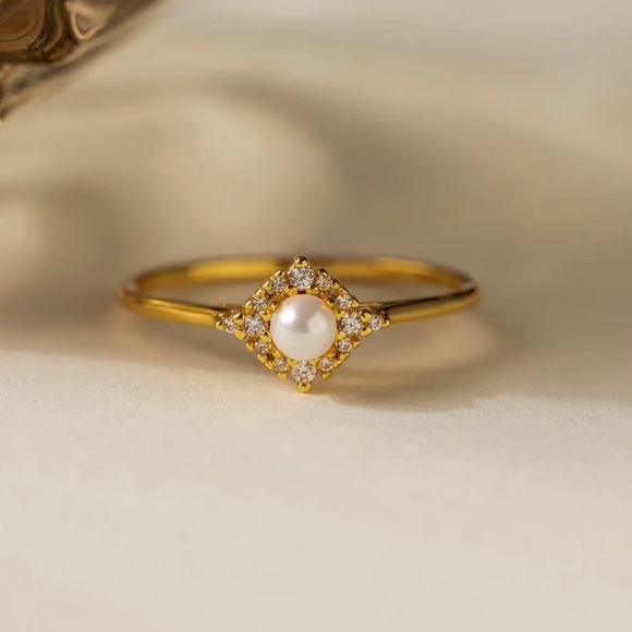 Caitlyn Minimalist Jewelry - Dainty 18K Gold Pearl Ring with Diamond Accents
